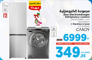 Duo électroménager Candy - Réfrigérateur combiné + Machine à laver 7kg - 6999 Dhs (au lieu de 8999 Dhs) - Économisez 2000 Dhs + Détersif Ariel offert
