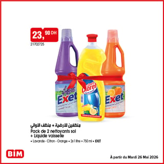 Pack nettoyants sol Exet 2x1L + liquide vaisselle 750ml BIM — 23,90 DH