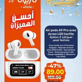 Air pods A9 Pro avec écran LED tactile