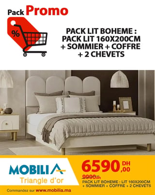 Pack Lit Bohème: Pack Lit 160x200cm + Sommier + Coffre + 2 Chevets